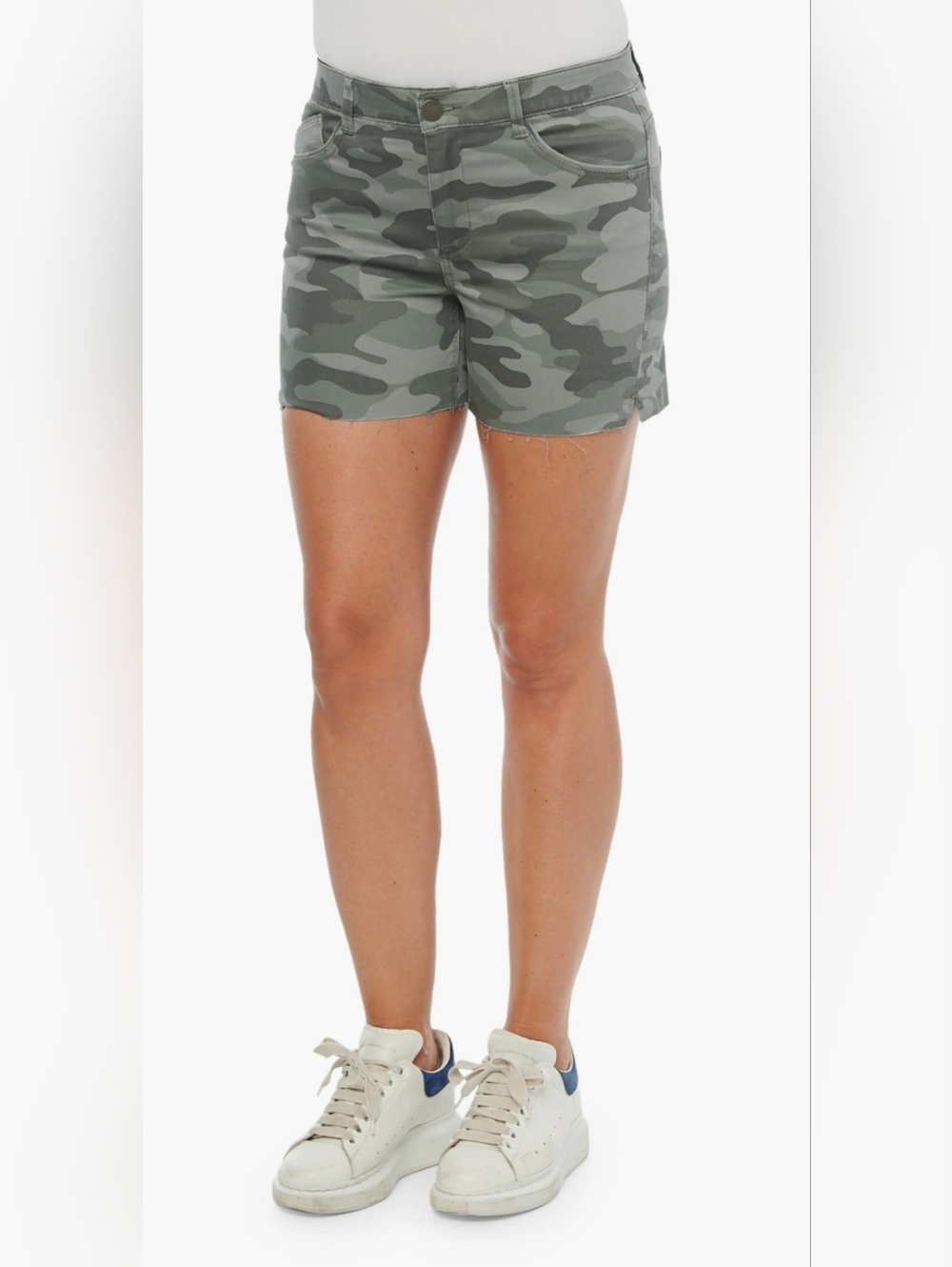 WIT & WISDOM OLIVE FOG 'Ab'SOLUTION CAMO HI WAIST RAW HEM SHORTS